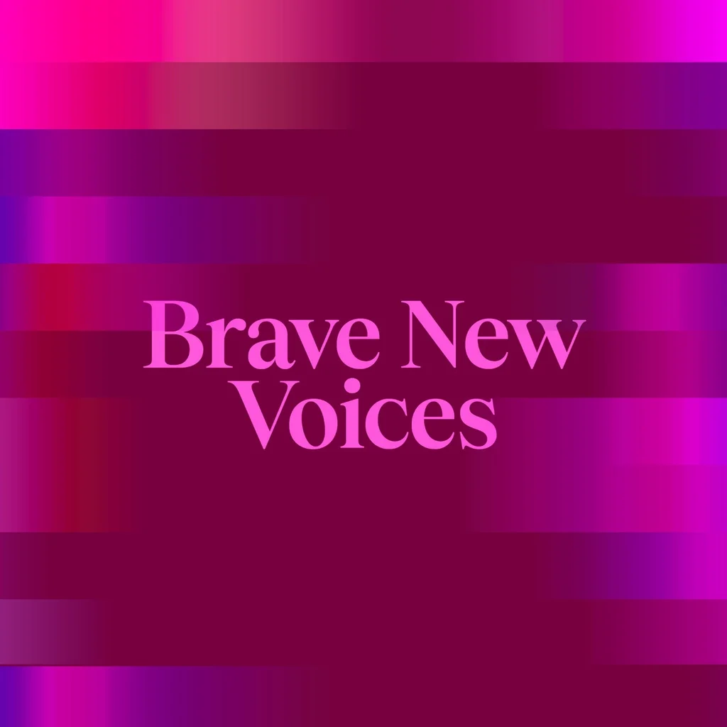 Background in burgundy, with ‘Brave New Voices’ in pink lettering. On the right and left is a pixelated effect in various shades of blue and pink.