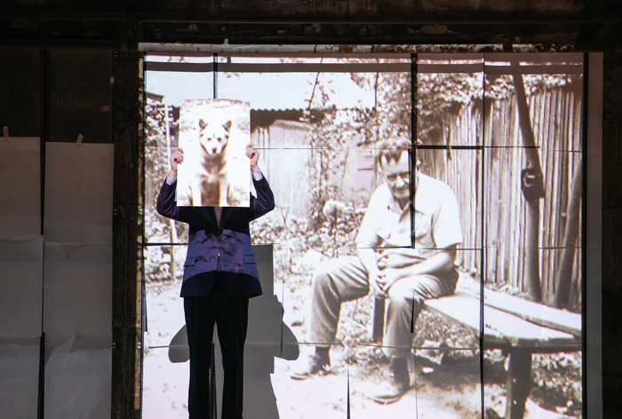 Eine performende Person steht vor einer Projektion, die ein Schwarz-Weiß-Foto eines Mannes zeigt, der auf einer Bank im Garten sitzt. Die Person hält ein Bild eines Hundes vor ihr Gesicht, das sich optisch mit der Projektion im Hintergrund verbindet.